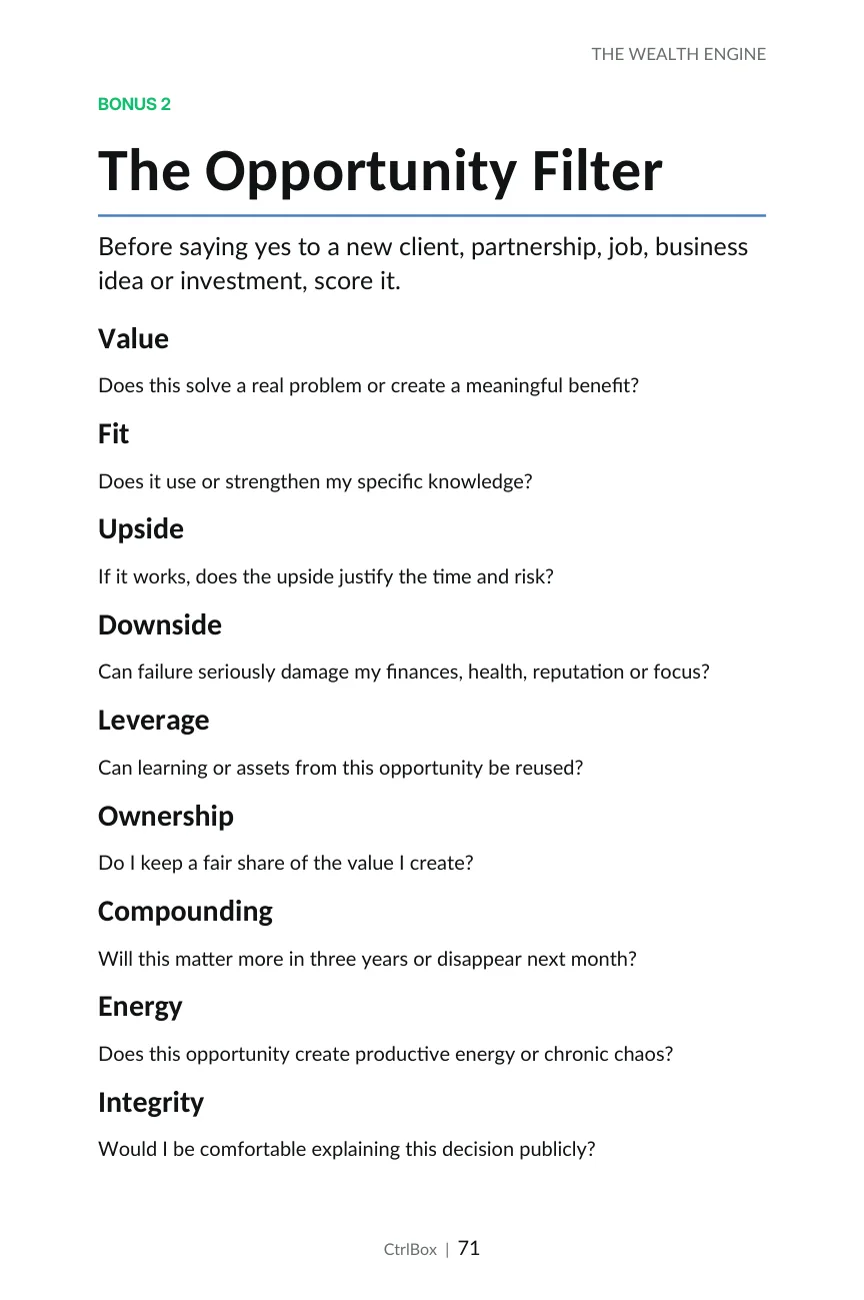 The Opportunity Filter page from The Wealth Engine